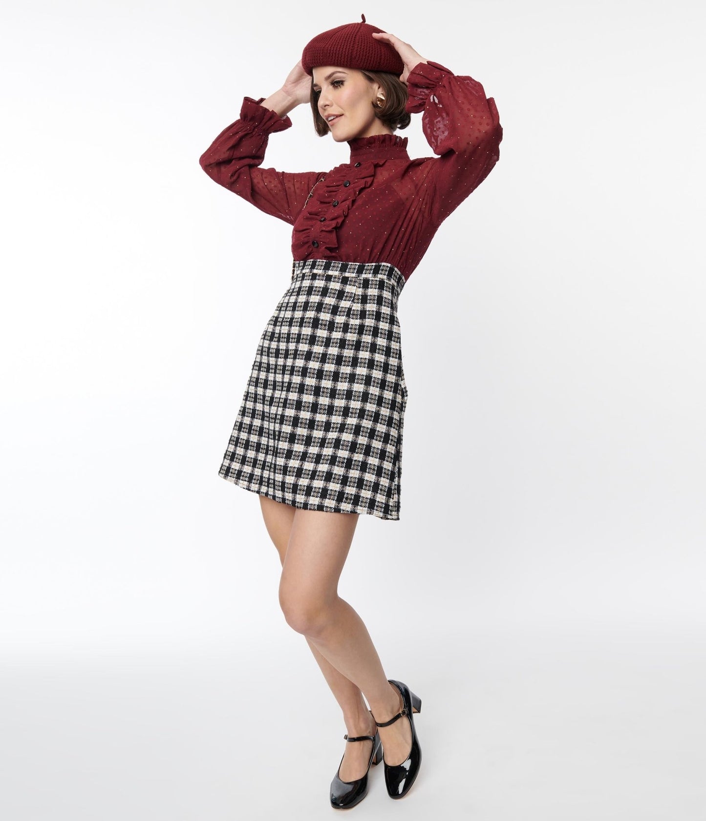 Smak Parlour 1960s Burgundy & Plaid Ruffle Neck Empire A - Line Dress - Unique Vintage - Womens, DRESSES, A - LINE