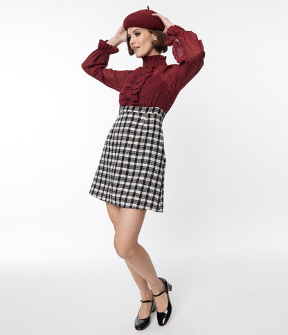 Smak Parlour 1960s Burgundy & Plaid Ruffle Neck Empire A - Line Dress - Unique Vintage - Womens, DRESSES, A - LINE