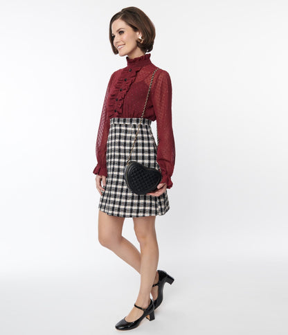 Smak Parlour 1960s Burgundy & Plaid Ruffle Neck Empire A - Line Dress - Unique Vintage - Womens, DRESSES, A - LINE