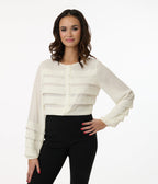 Smak Parlour 1960s Cream Pleated Front Blouse - Unique Vintage - Womens, TOPS, WOVEN TOPS
