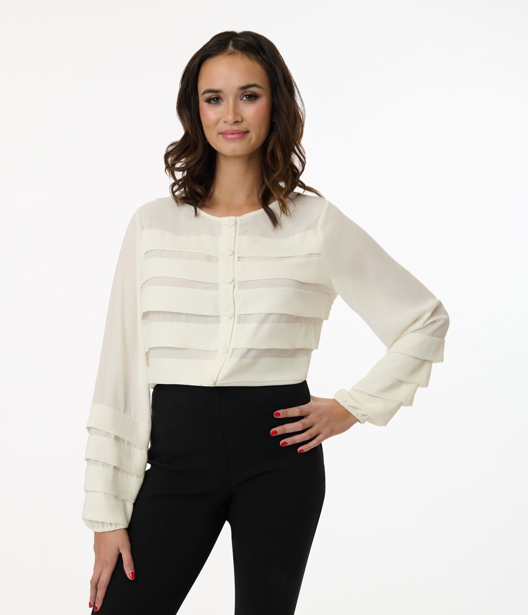 Smak Parlour 1960s Cream Pleated Front Blouse - Unique Vintage - Womens, TOPS, WOVEN TOPS