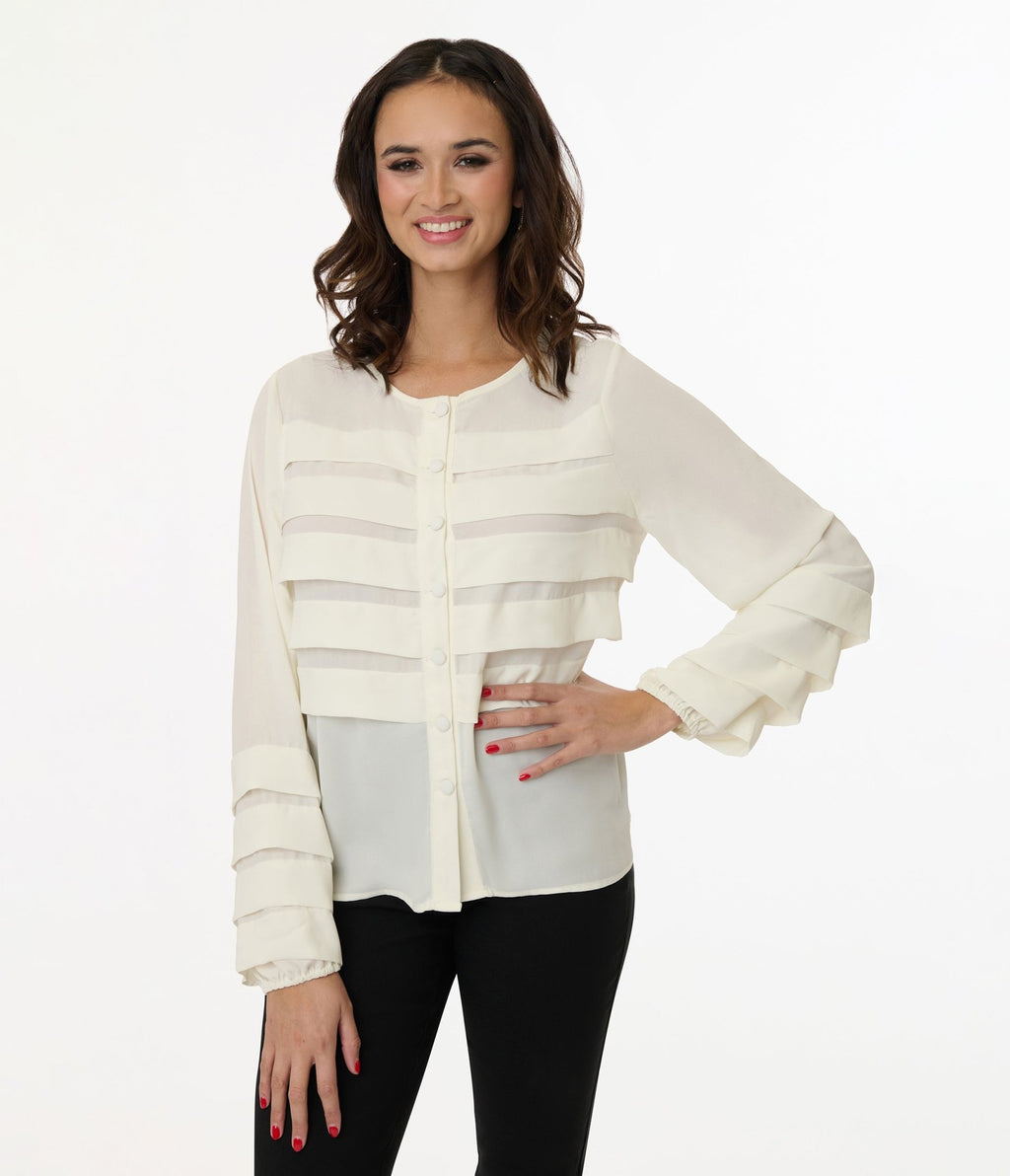 Smak Parlour 1960s Cream Pleated Front Blouse - Unique Vintage - Womens, TOPS, WOVEN TOPS