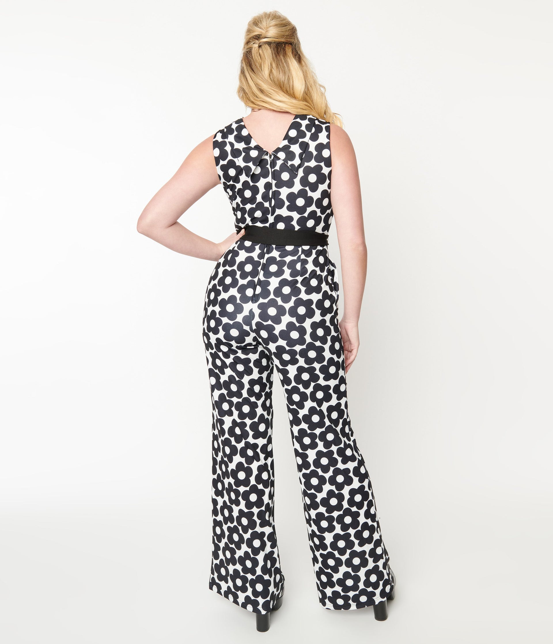 Smak Parlour 1960s Daisy Print Cowl Neck Jumpsuit - Unique Vintage - Womens, BOTTOMS, ROMPERS AND JUMPSUITS