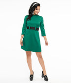 Smak Parlour 1960s Emerald & Black Belted A - Line Dress - Unique Vintage - Womens, DRESSES, A - LINE