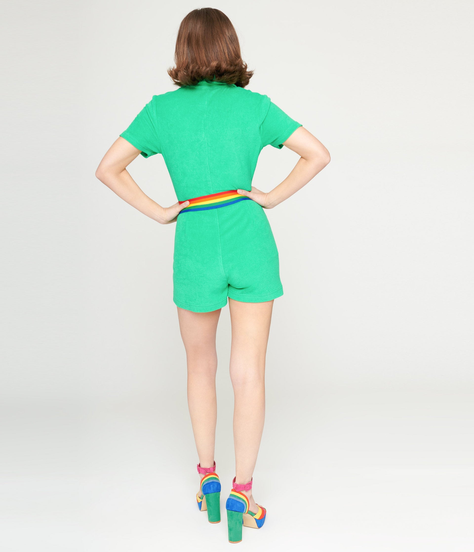 Smak Parlour 1960s Green & Rainbow Belted Romper - Unique Vintage - Womens, BOTTOMS, ROMPERS AND JUMPSUITS