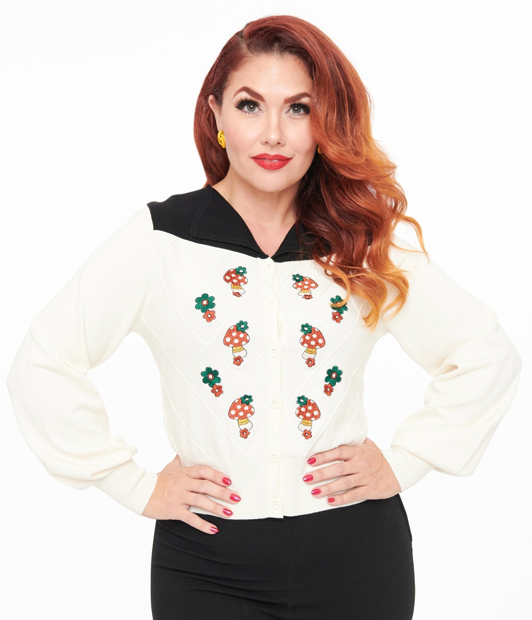 Smak Parlour 1960s Ivory & Black Mushroom Embroidered Cardigan - Unique Vintage - Womens, TOPS, SWEATERS
