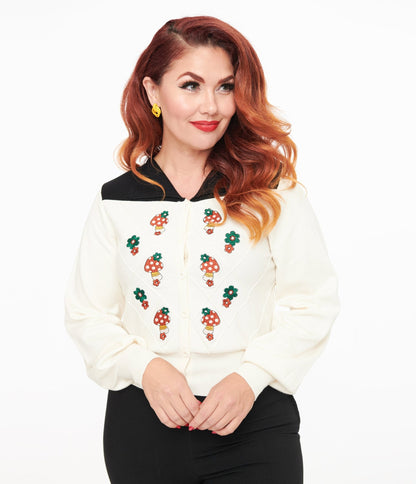 Smak Parlour 1960s Ivory & Black Mushroom Embroidered Cardigan - Unique Vintage - Womens, TOPS, SWEATERS