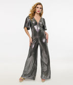Smak Parlour 1960s Metallic Silver Cutout Jumpsuit - Unique Vintage - Womens, BOTTOMS, ROMPERS AND JUMPSUITS