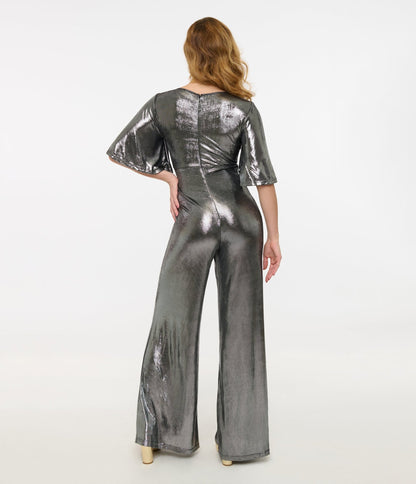 Smak Parlour 1960s Metallic Silver Cutout Jumpsuit - Unique Vintage - Womens, BOTTOMS, ROMPERS AND JUMPSUITS