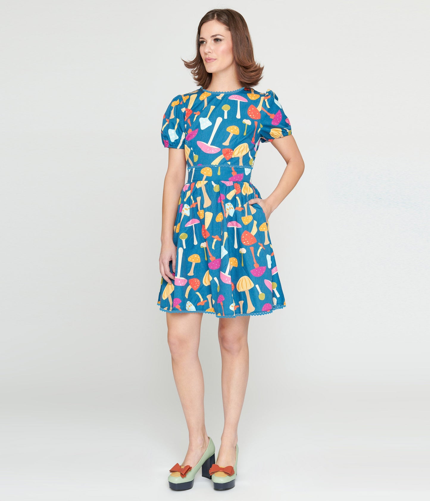 Smak Parlour 1960s Navy & Rainbow Mushroom Open Back Flare Dress - Unique Vintage - Womens, DRESSES, FIT AND FLARE