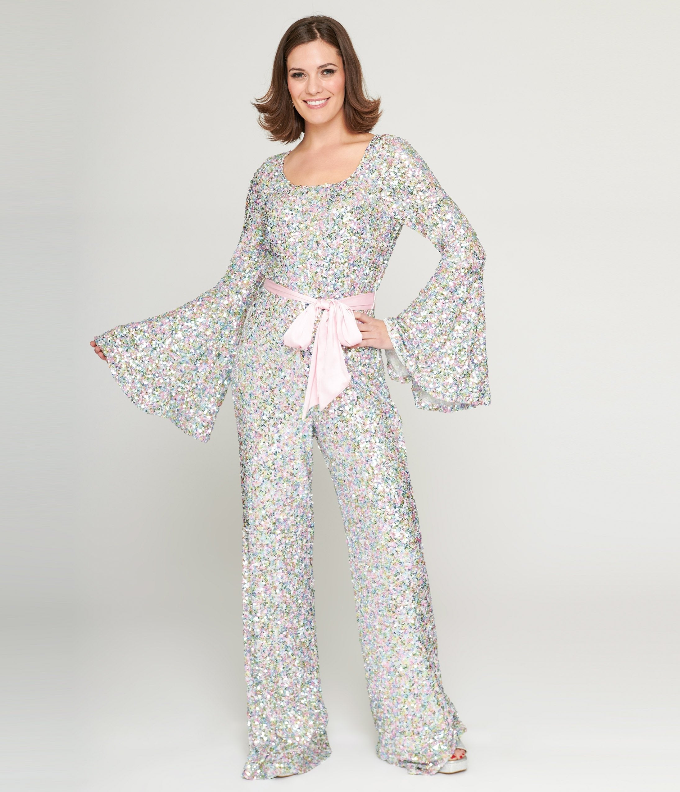Smak Parlour 1960s Pastel Rainbow Sequin Bell Sleeve Jumpsuit - Unique Vintage - Womens, BOTTOMS, ROMPERS AND JUMPSUITS