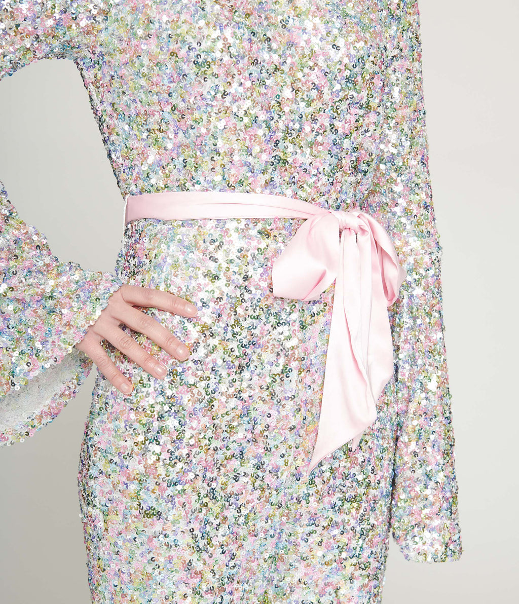 Smak Parlour 1960s Pastel Rainbow Sequin Bell Sleeve Jumpsuit - Unique Vintage - Womens, BOTTOMS, ROMPERS AND JUMPSUITS