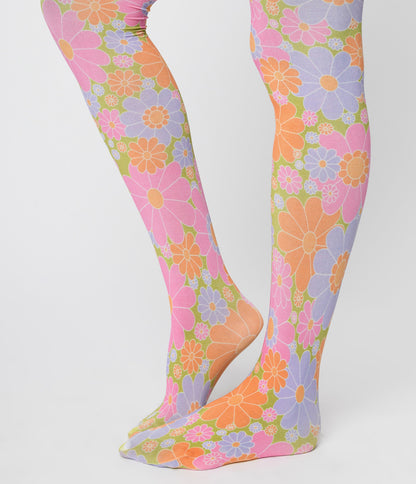 Smak Parlour 1960s Pink & Green Flower Power Tights - Unique Vintage - Womens, ACCESSORIES, HOSIERY