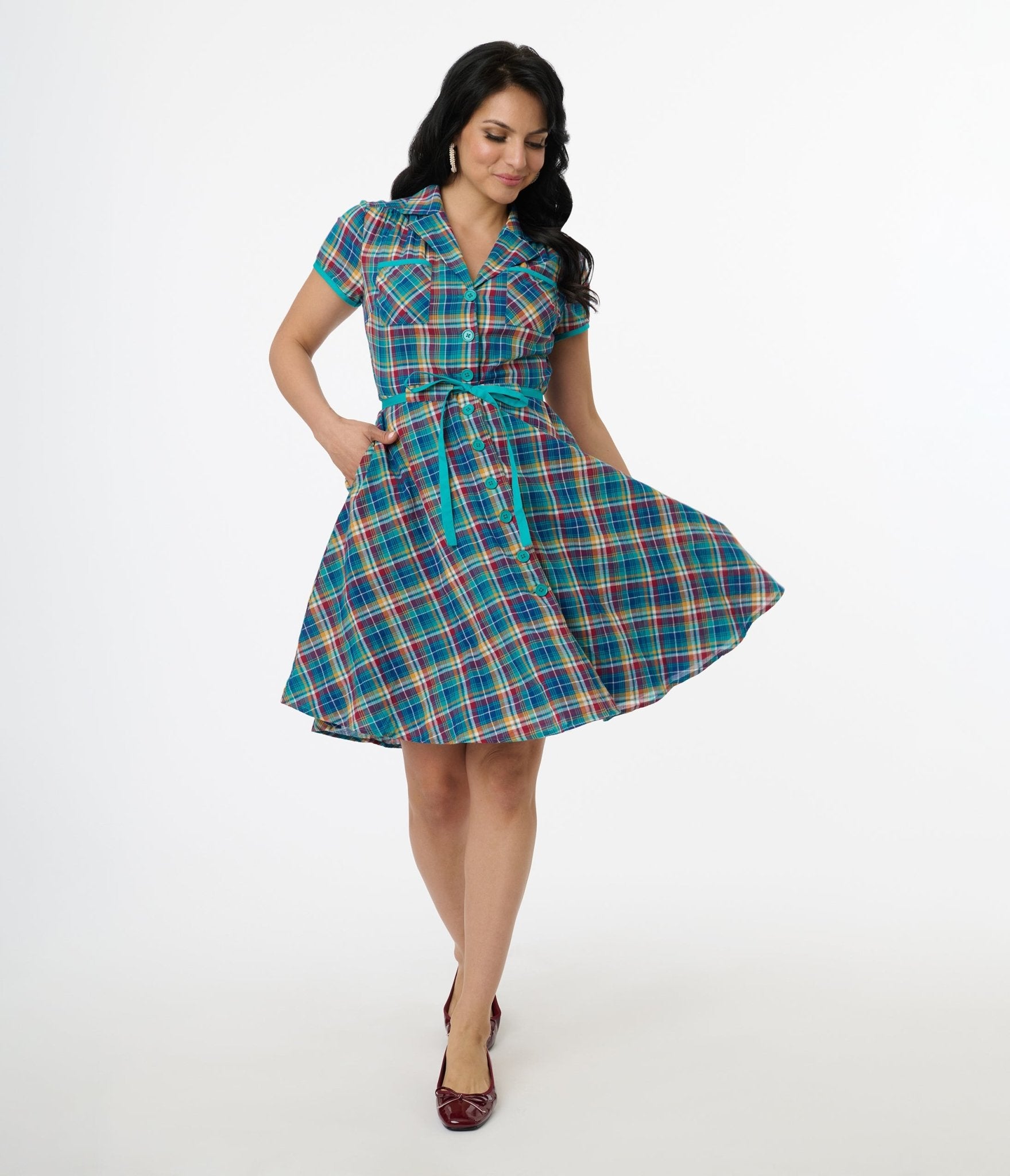 Smak Parlour 1960s Teal Madras Fit & Flare Dress - Unique Vintage - Womens, DRESSES, FIT AND FLARE