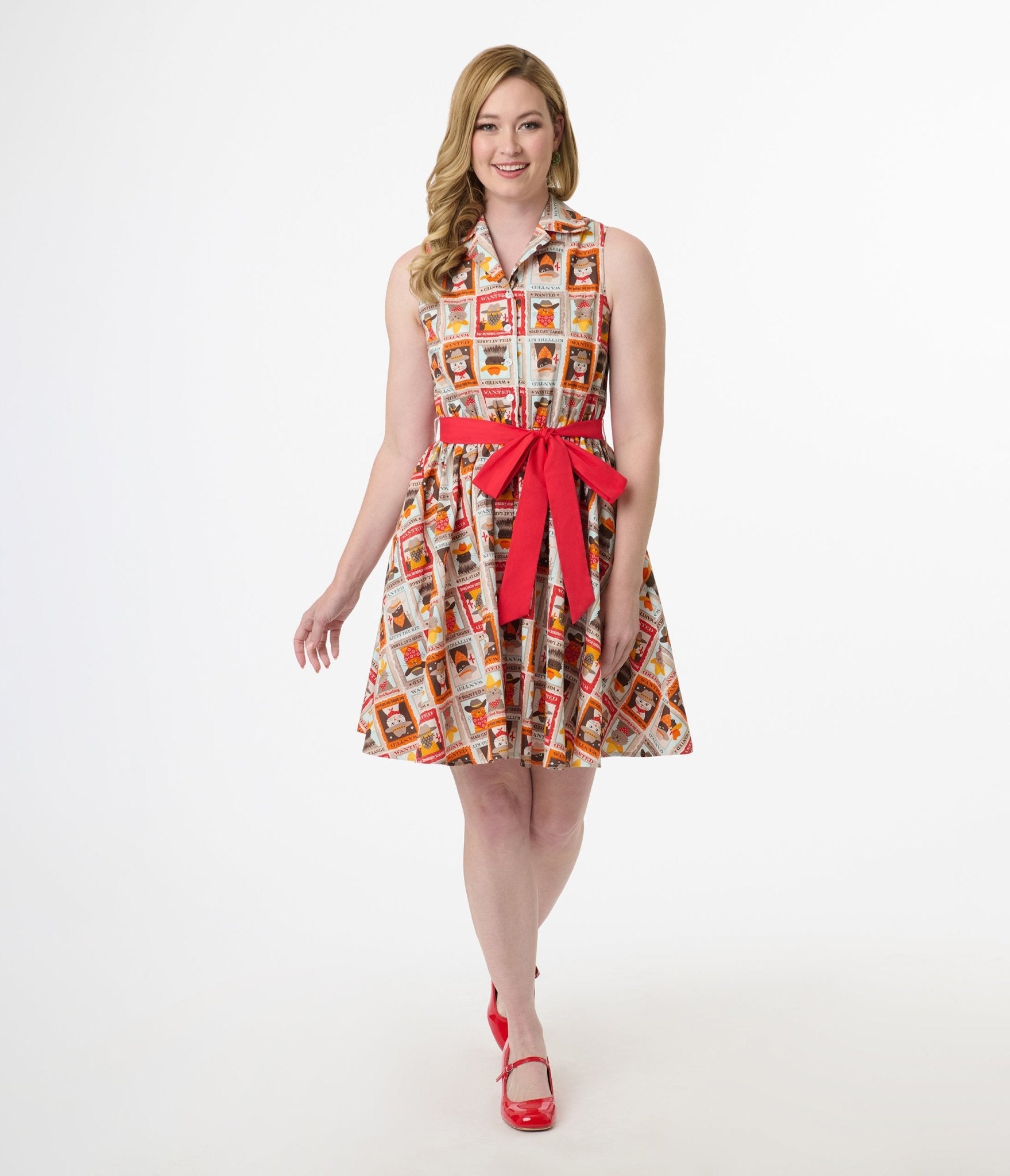 Smak Parlour 1960s Wanted Cats Print Cotton Flare Dress - Unique Vintage - Womens, DRESSES, FIT AND FLARE
