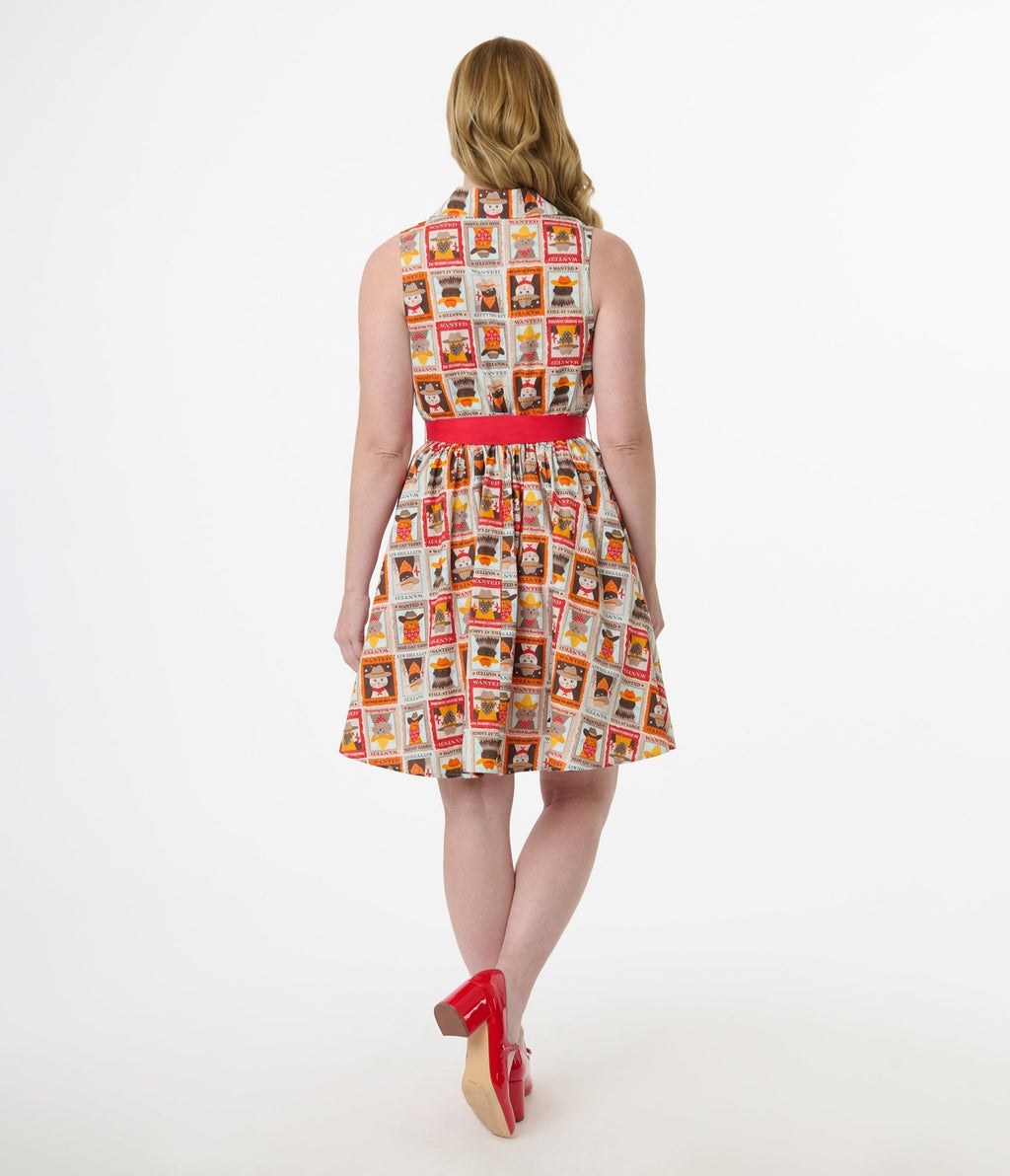 Smak Parlour 1960s Wanted Cats Print Cotton Flare Dress - Unique Vintage - Womens, DRESSES, FIT AND FLARE