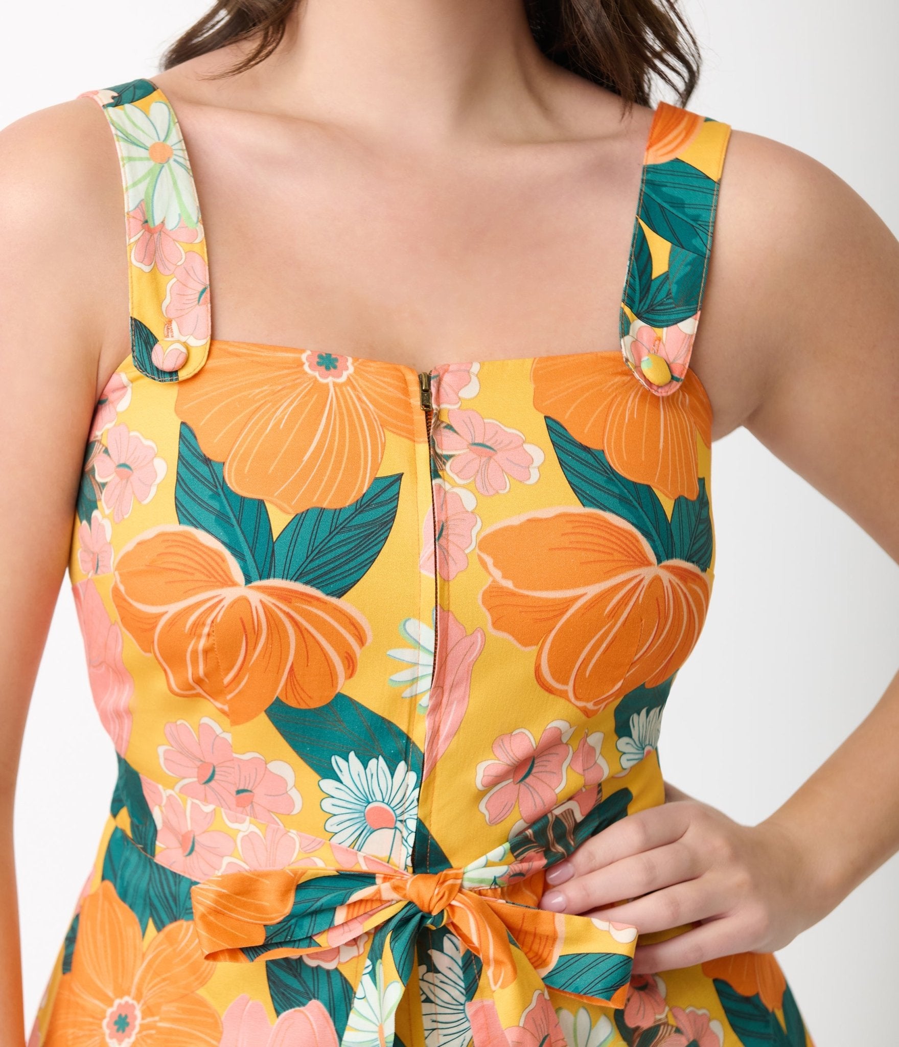 Smak Parlour 1960s Yellow Floral Sweet & Sassy Skirted Cotton Romper - Unique Vintage - Womens, BOTTOMS, ROMPERS & JUMPSUITS