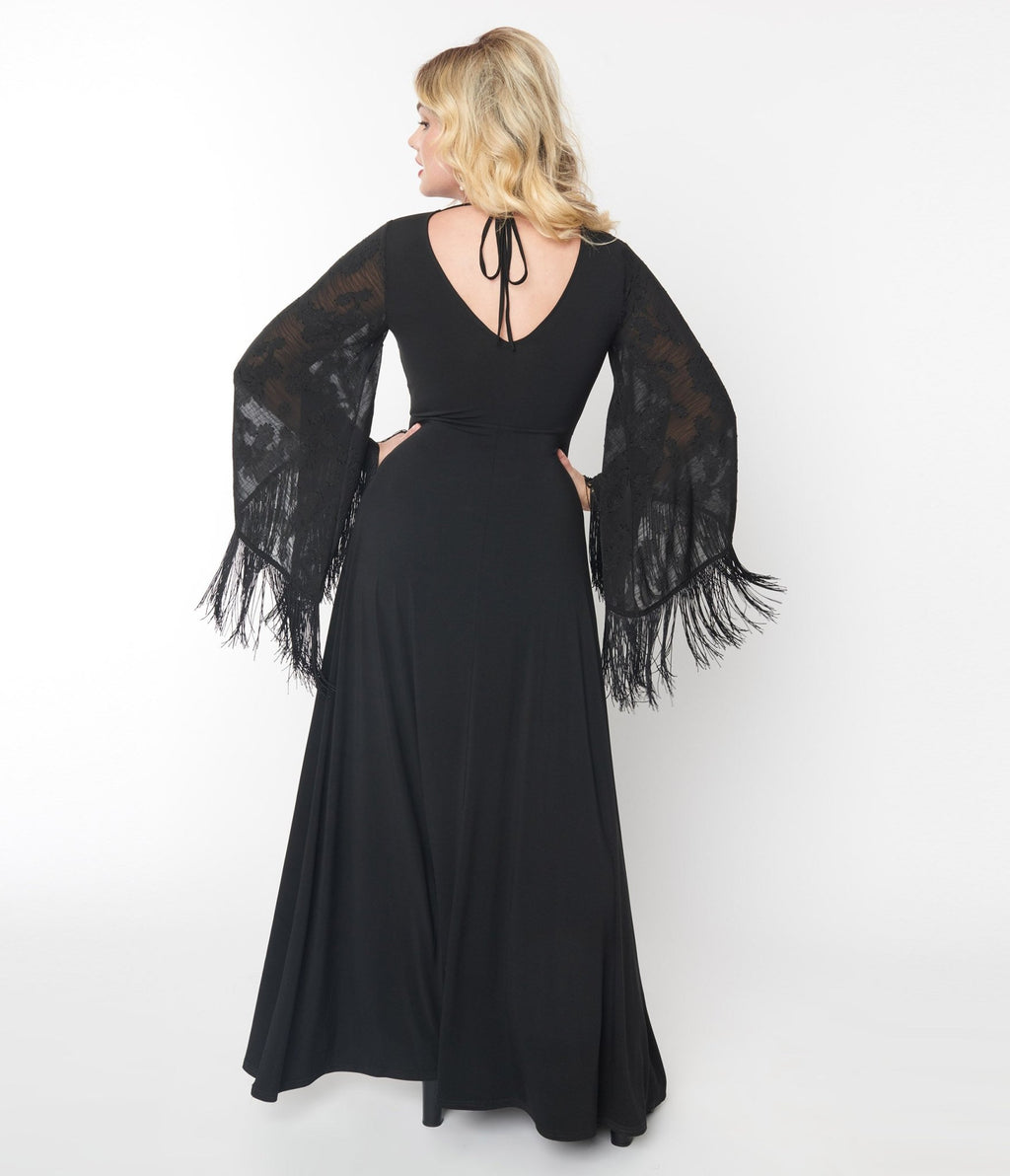 Smak Parlour 1970s Black Floral Fringe Sleeve Stevie Maxi Dress - Unique Vintage - Womens, DRESSES, MAXI