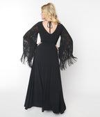 Smak Parlour 1970s Black Floral Fringe Sleeve Stevie Maxi Dress - Unique Vintage - Womens, DRESSES, MAXI