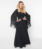 Smak Parlour 1970s Black Floral Fringe Sleeve Stevie Maxi Dress - Unique Vintage - Womens, DRESSES, MAXI
