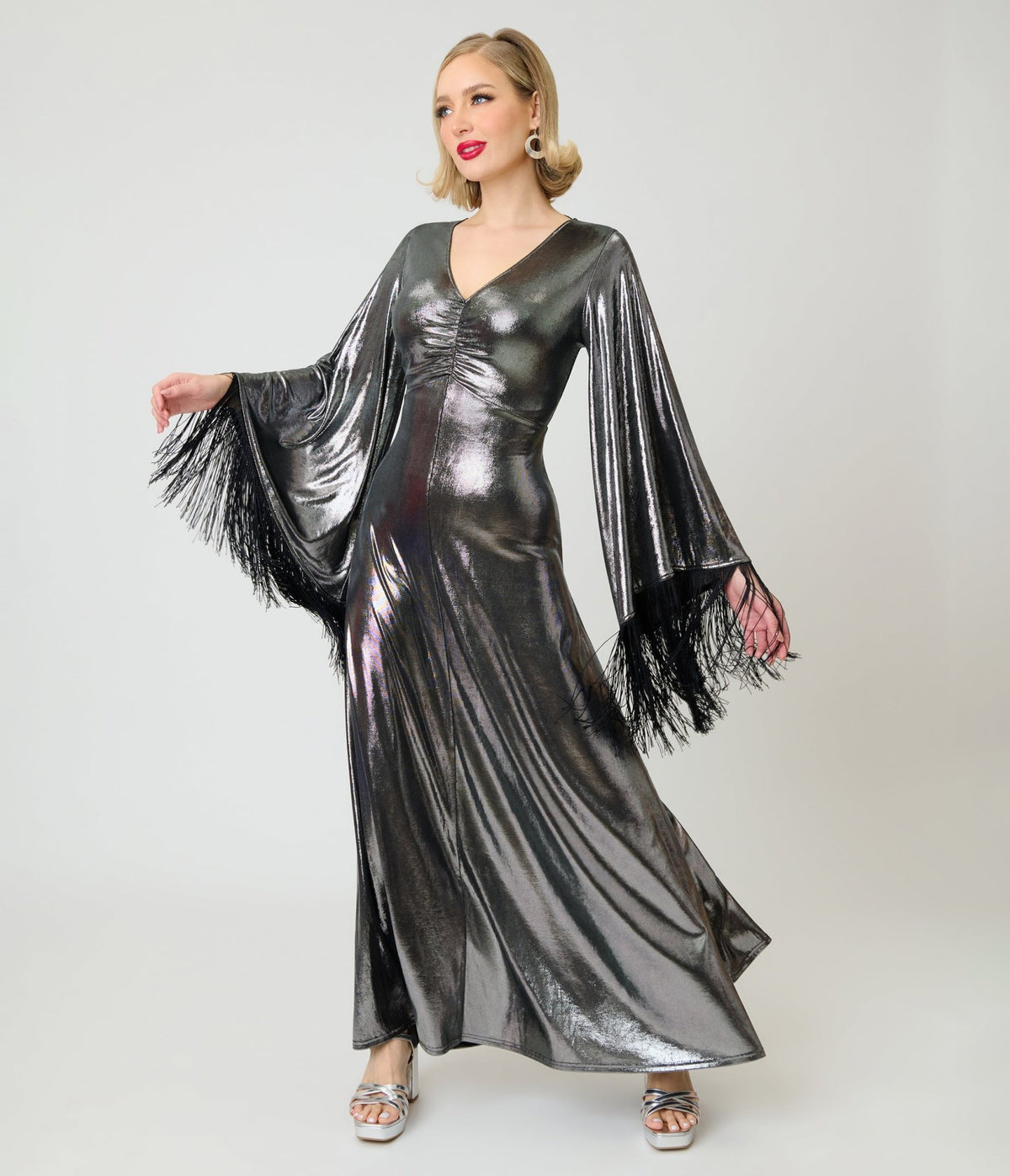Smak Parlour 1970s Metallic Dark Silver Fringe Sleeve Stevie Maxi Dress - Unique Vintage -