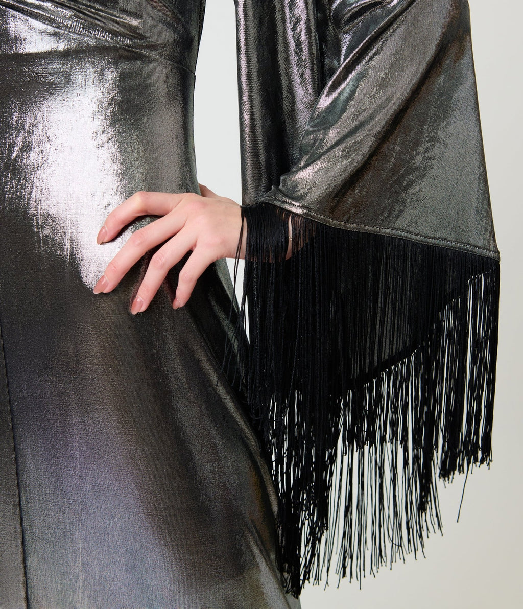 Smak Parlour 1970s Metallic Dark Silver Fringe Sleeve Stevie Maxi Dress - Unique Vintage -