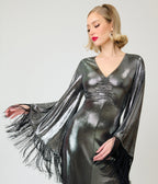 Smak Parlour 1970s Metallic Dark Silver Fringe Sleeve Stevie Maxi Dress - Unique Vintage -