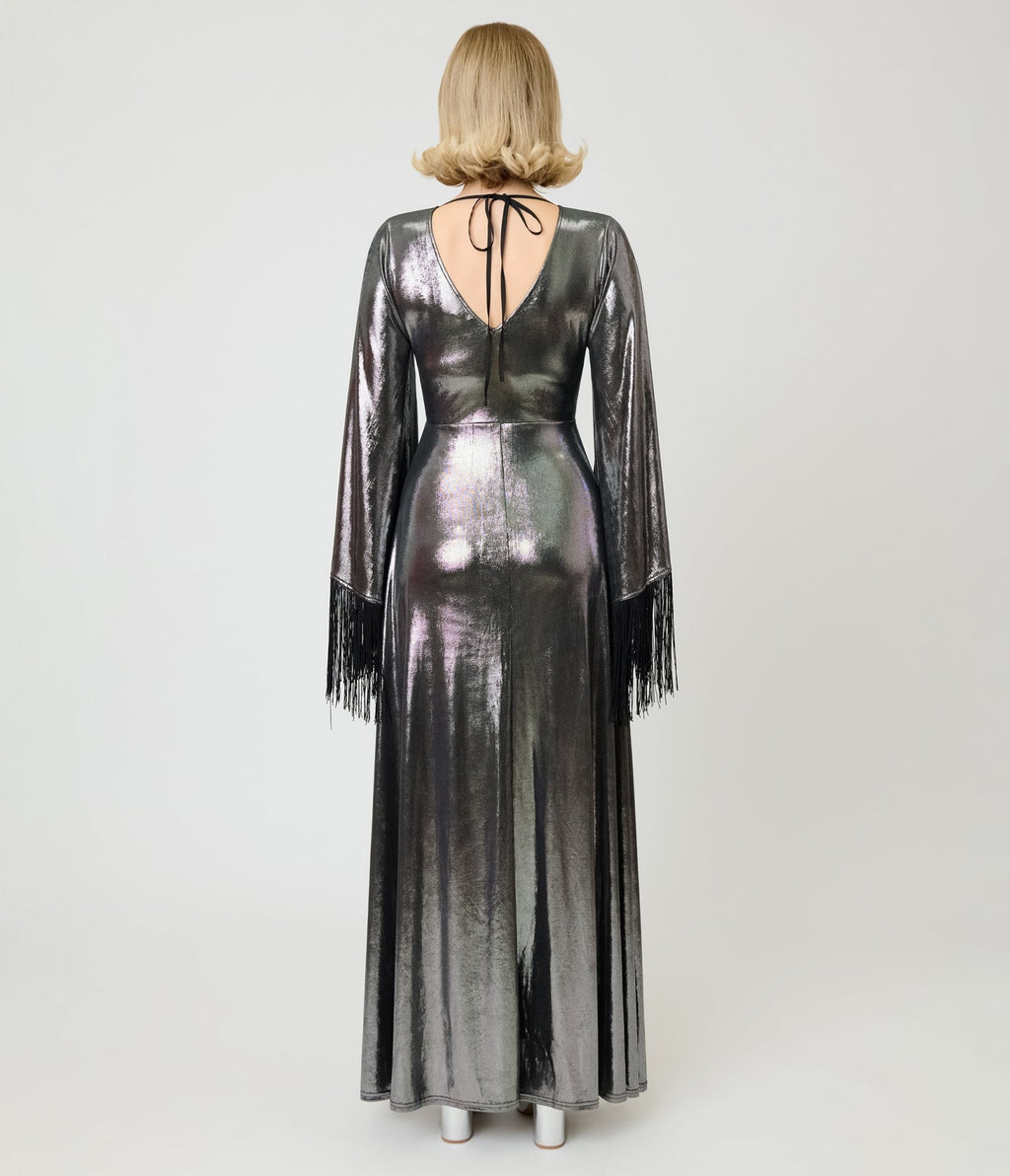 Smak Parlour 1970s Metallic Dark Silver Fringe Sleeve Stevie Maxi Dress - Unique Vintage -