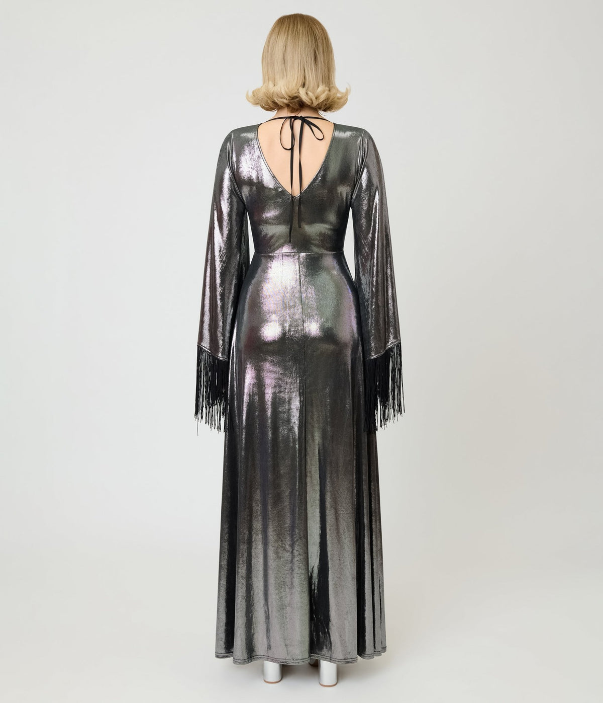 Smak Parlour 1970s Metallic Dark Silver Fringe Sleeve Stevie Maxi Dress - Unique Vintage -