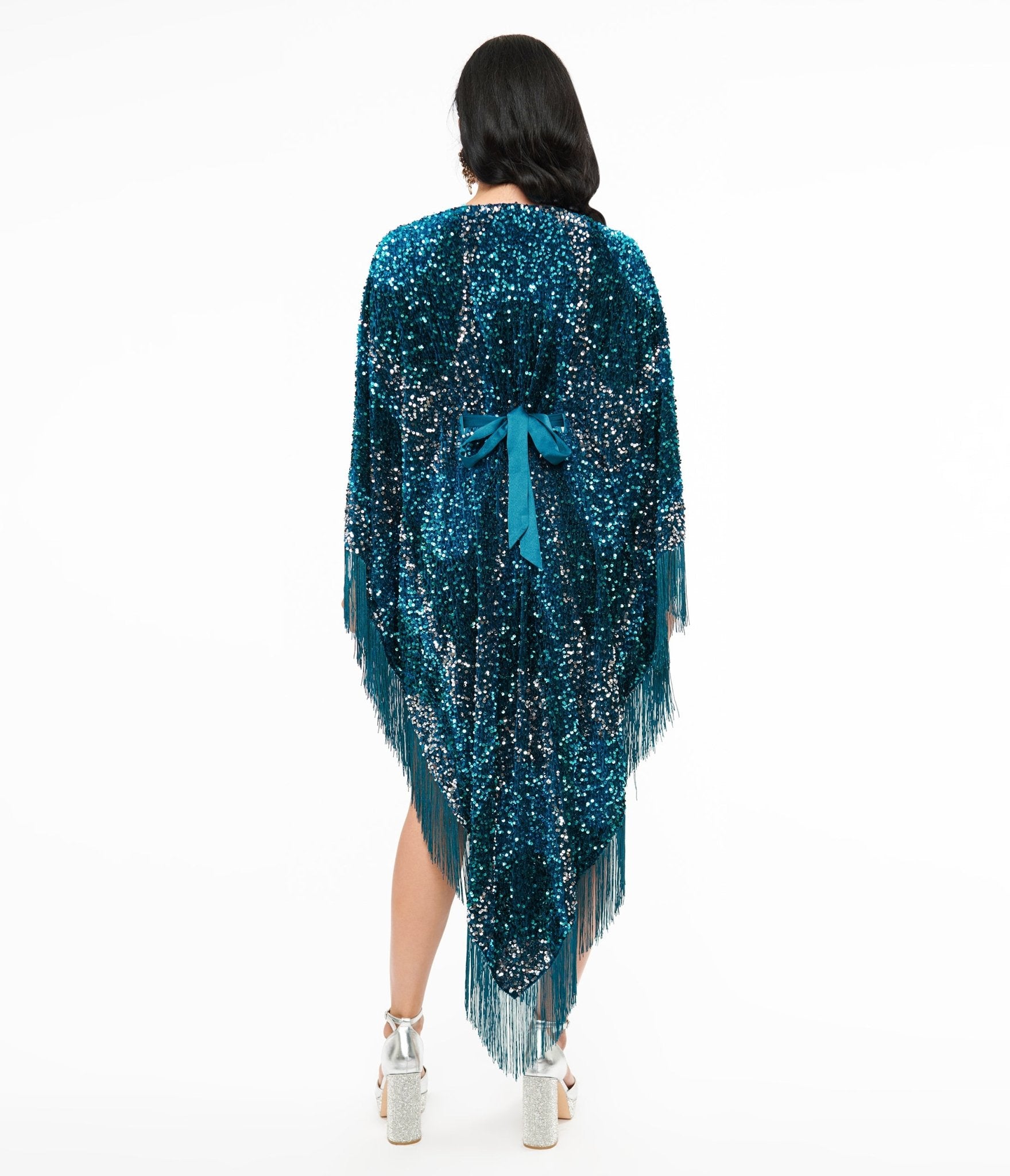 Smak Parlour 1970s Teal Sequin Fringe Caftan Dress - Unique Vintage - Womens, DRESSES, CAFTAN