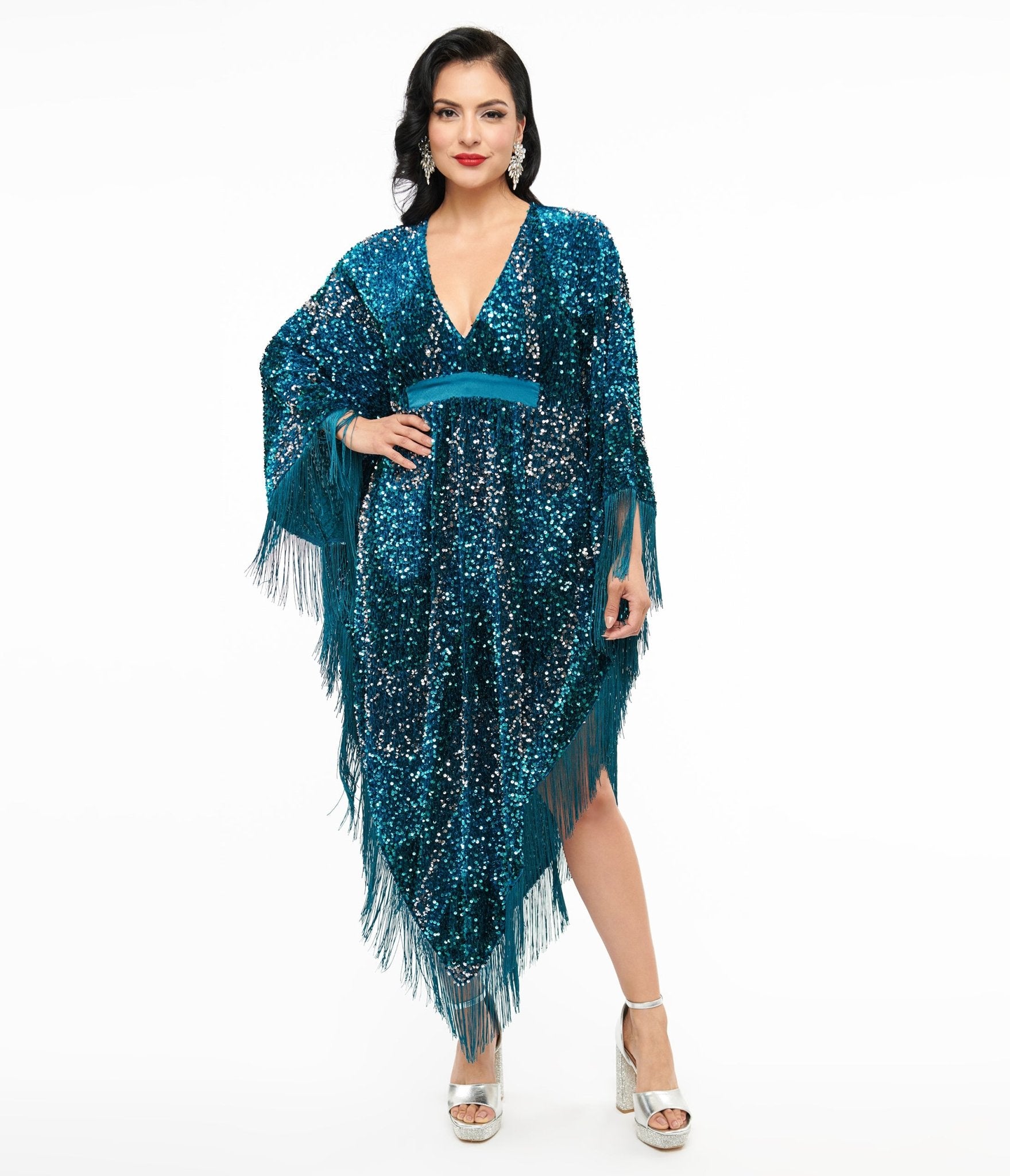 Smak Parlour 1970s Teal Sequin Fringe Caftan Dress - Unique Vintage - Womens, DRESSES, CAFTAN