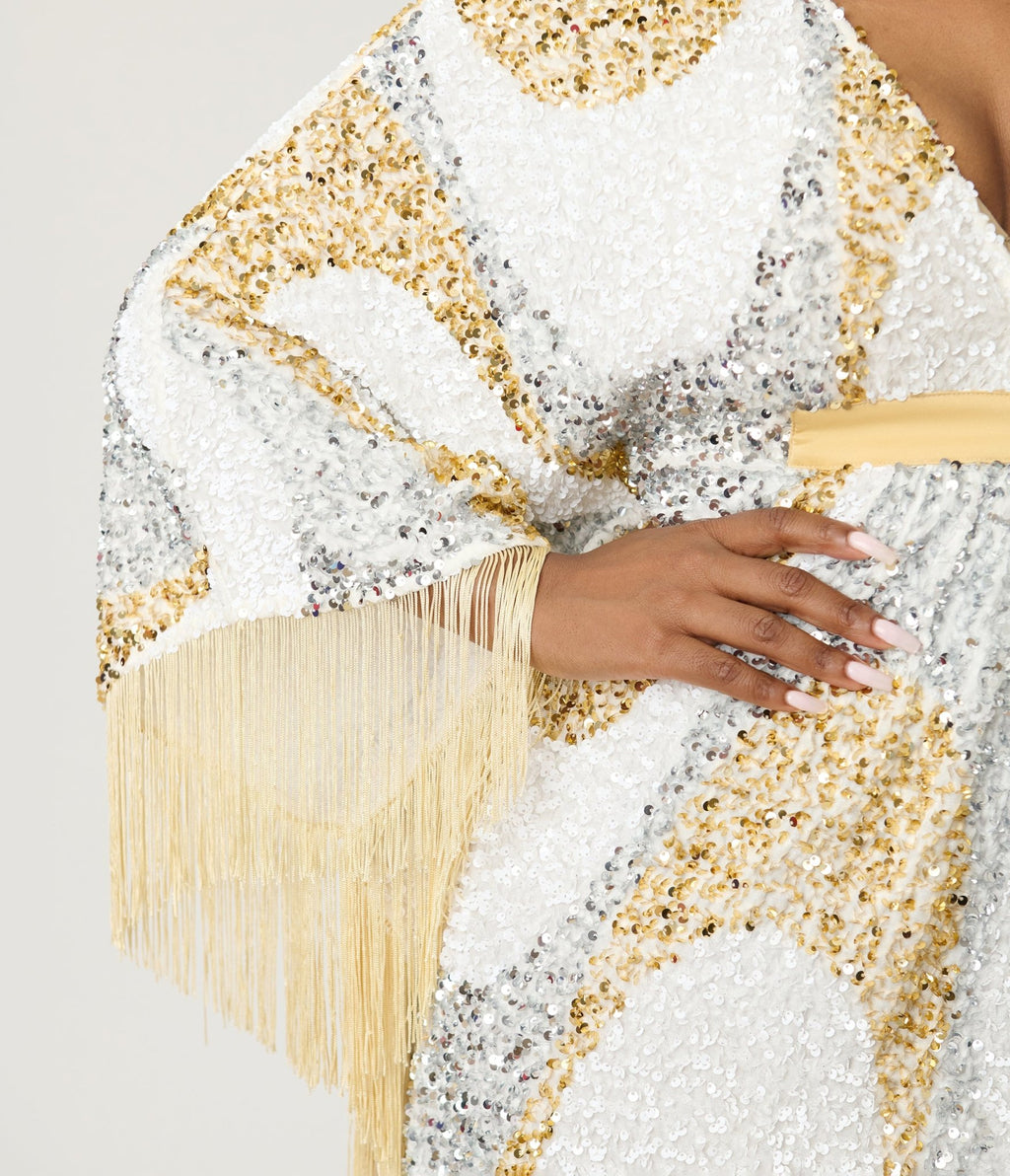 Smak Parlour 1970's White & Gold Sequin Fringe Caftan Dress One Size