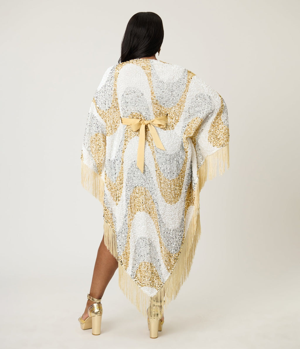 Smak Parlour 1970's White & Gold Sequin Fringe Caftan Dress One Size - Plus Smak Parlour 1970's White & Gold Sequin Fringe Caftan Dress One Size - Plus