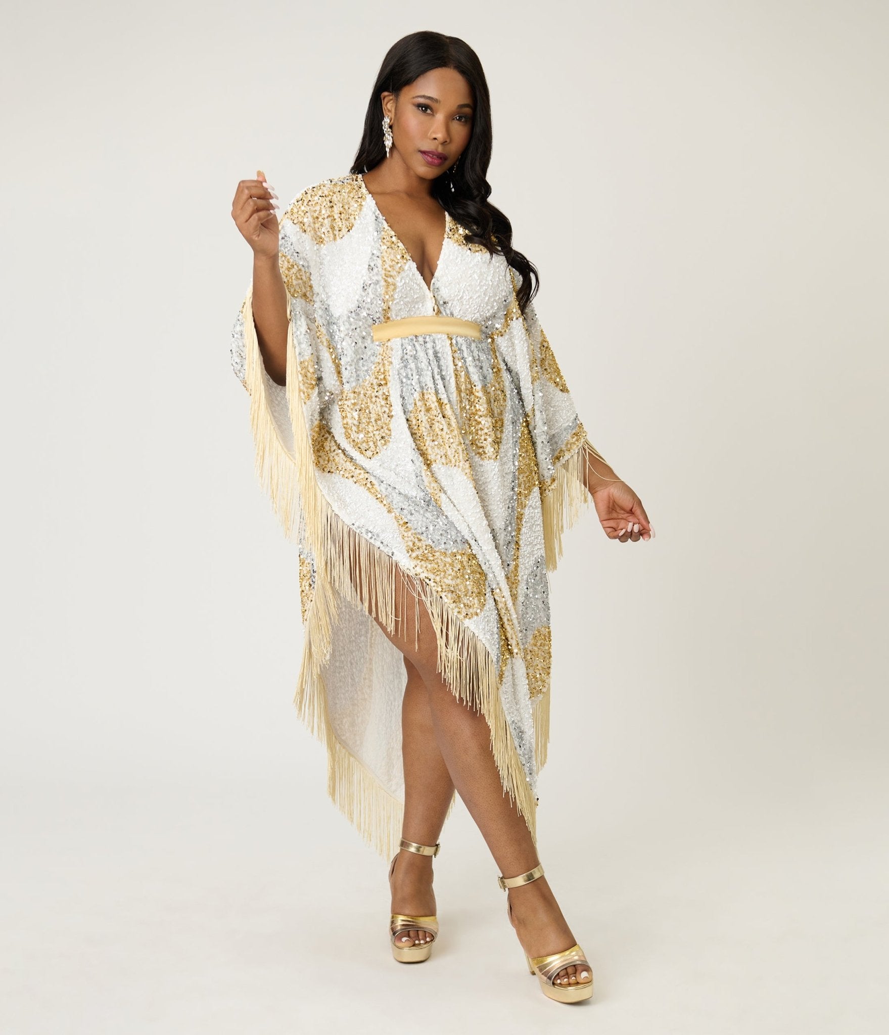 Smak Parlour 1970's White & Gold Sequin Fringe Caftan Dress One Size - Plus Smak Parlour 1970's White & Gold Sequin Fringe Caftan Dress One Size - Plus