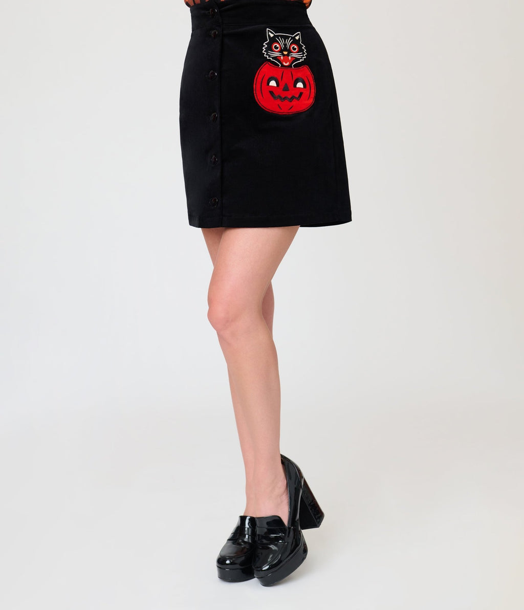 Smak Parlour Black Cat & Pumpkin Pocket Mini Skirt - Unique Vintage - Womens, BOTTOMS, SKIRTS