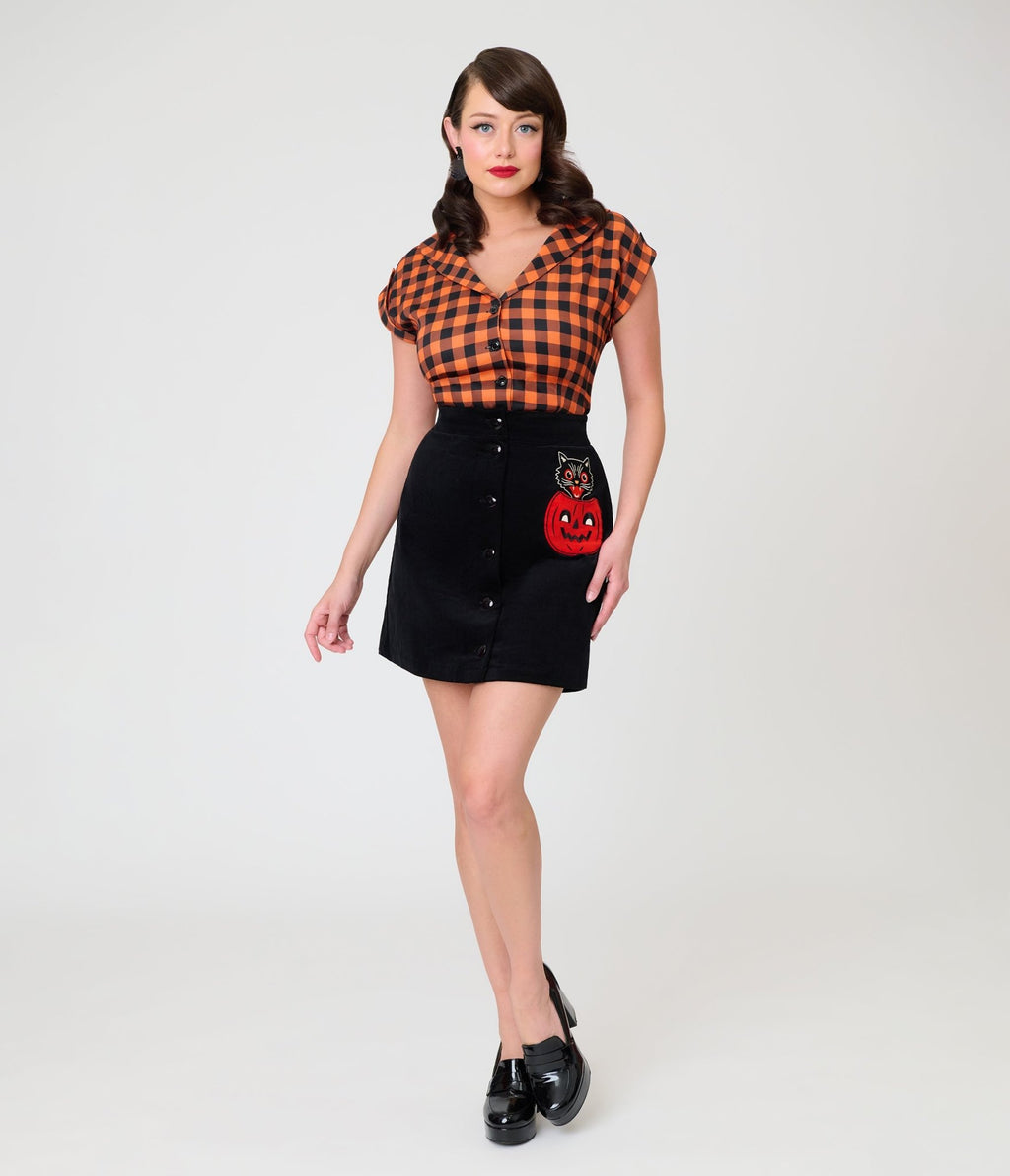 Smak Parlour Black Cat & Pumpkin Pocket Mini Skirt - Unique Vintage - Womens, BOTTOMS, SKIRTS