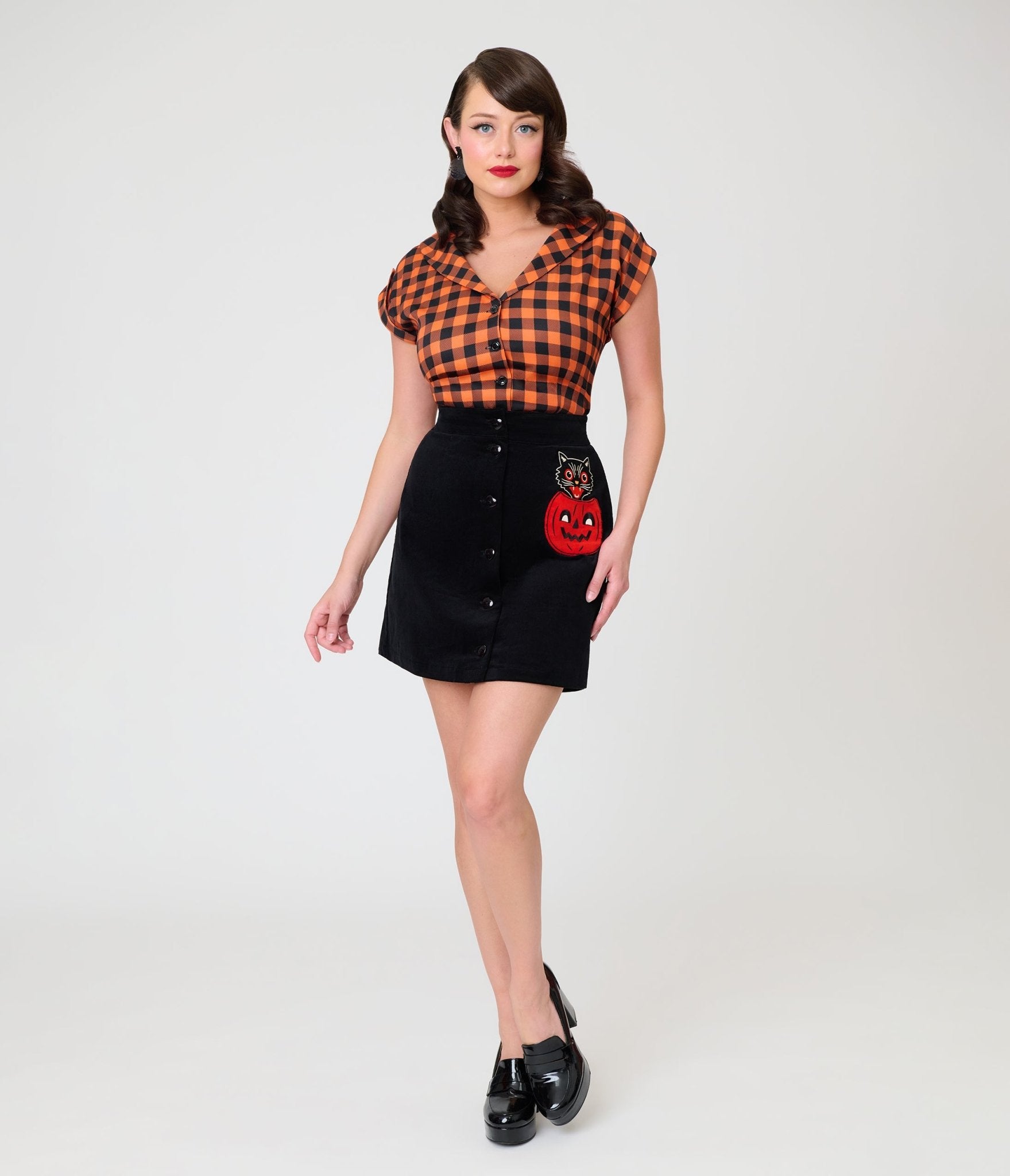 Smak Parlour Black Cat & Pumpkin Pocket Mini Skirt - Unique Vintage - Womens, BOTTOMS, SKIRTS