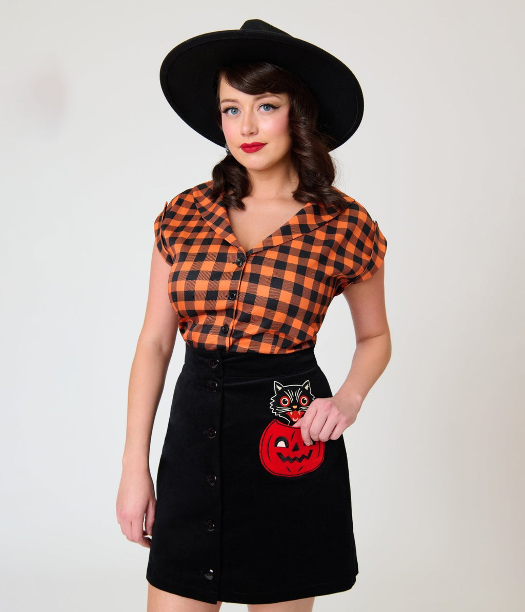 Smak Parlour Black Cat & Pumpkin Pocket Mini Skirt - Unique Vintage - Womens, BOTTOMS, SKIRTS