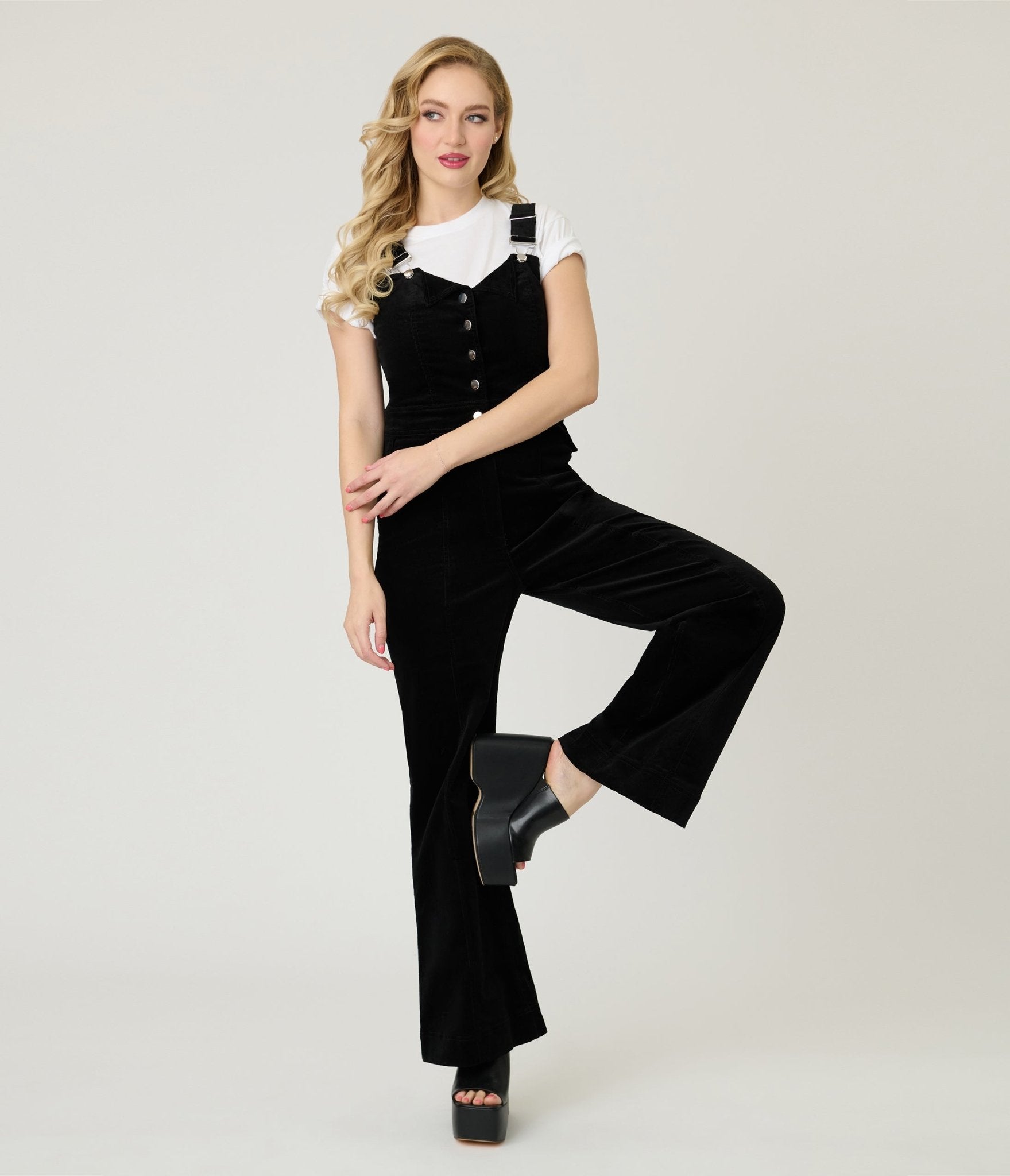 Smak Parlour Black Corduroy Wide Leg Dungarees - Unique Vintage - Womens, BOTTOMS, ROMPERS AND JUMPSUITS