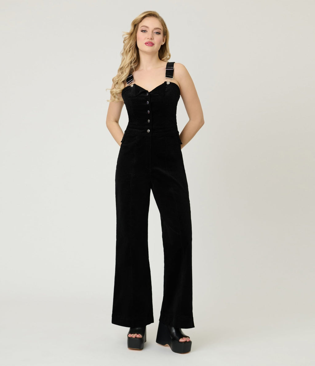 Smak Parlour Black Corduroy Wide Leg Dungarees - Unique Vintage - Womens, BOTTOMS, ROMPERS AND JUMPSUITS