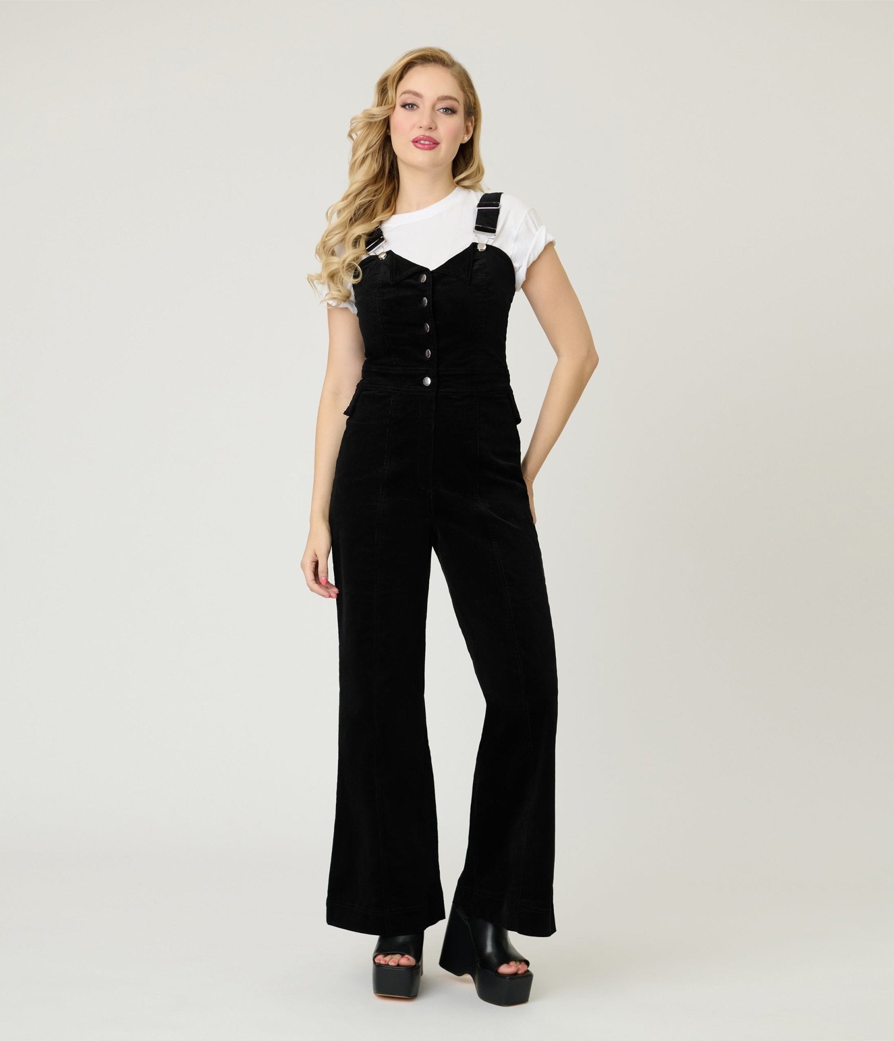 Smak Parlour Black Corduroy Wide Leg Dungarees - Unique Vintage - Womens, BOTTOMS, ROMPERS AND JUMPSUITS