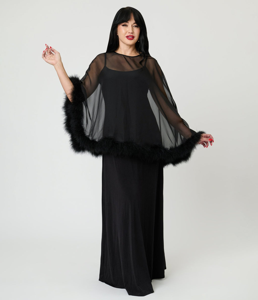 Smak Parlour Black Feathered Cape Maxi Dress - Unique Vintage - Womens, DRESSES, MAXI