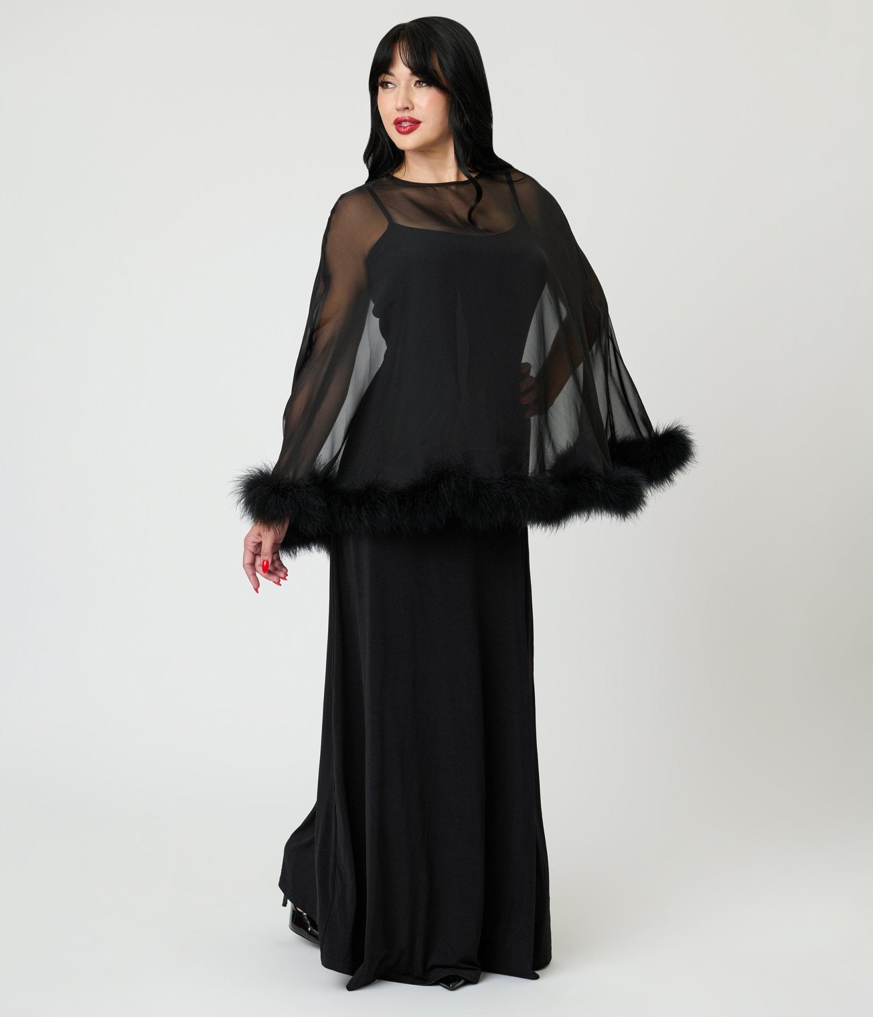 Smak Parlour Black Feathered Cape Maxi Dress - Unique Vintage - Womens, DRESSES, MAXI