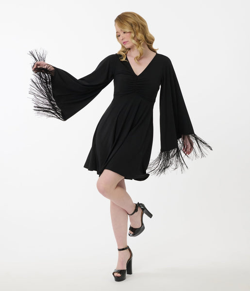 Smak Parlour Black Fringe Bell Sleeve Fit & Flare Dress – Unique Vintage