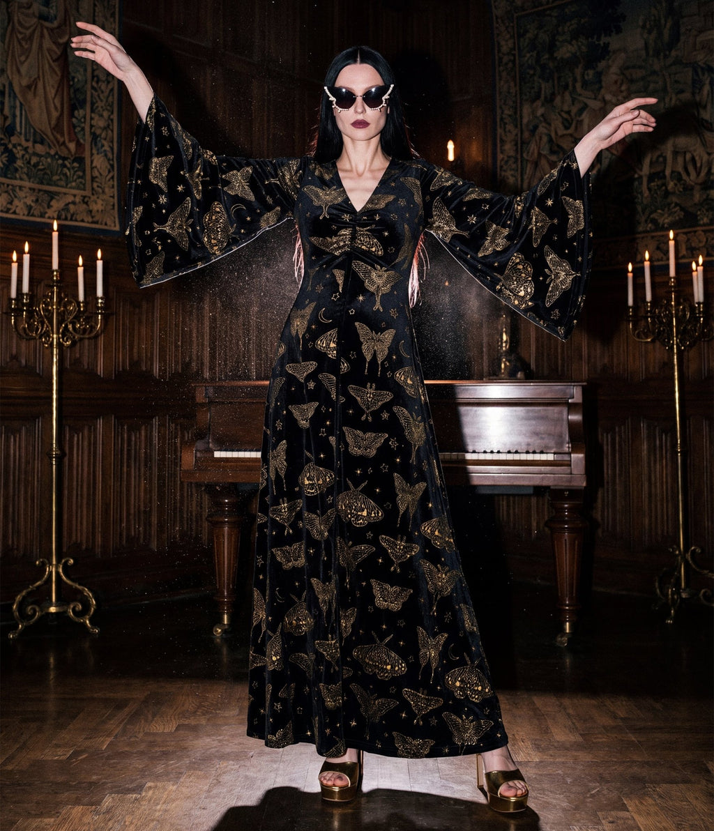 Smak Parlour Black & Gold Moth Print Stevie Maxi Dress - Unique Vintage - Womens, DRESSES, MAXI