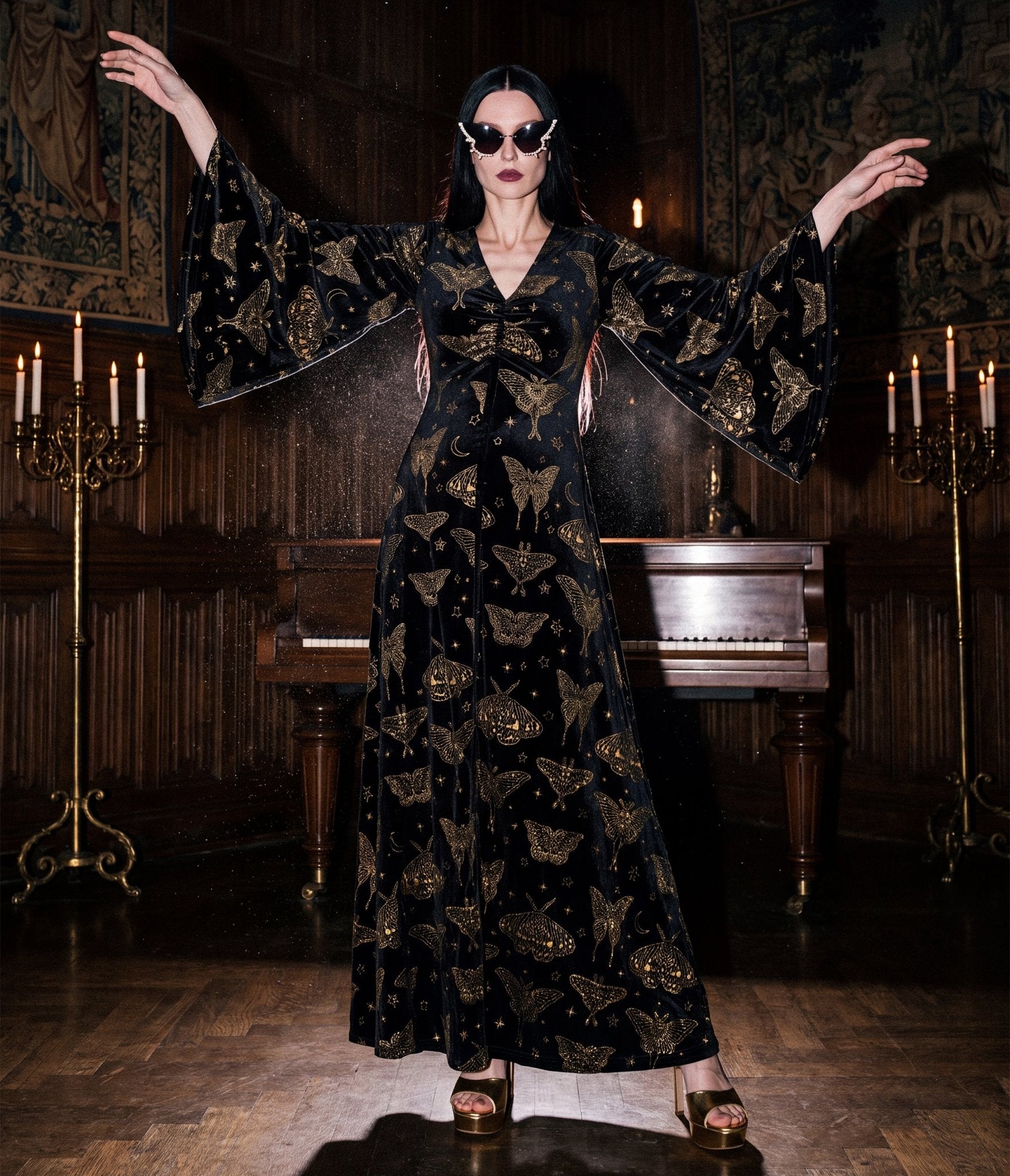 Smak Parlour Black & Gold Moth Print Stevie Maxi Dress - Unique Vintage - Womens, DRESSES, MAXI