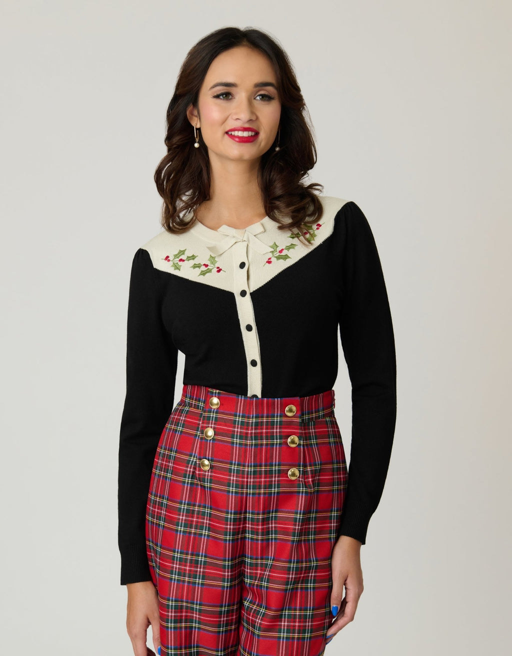 Smak Parlour Black & Ivory Holly Embroidered Cardigan - Unique Vintage - Womens, TOPS, SWEATERS