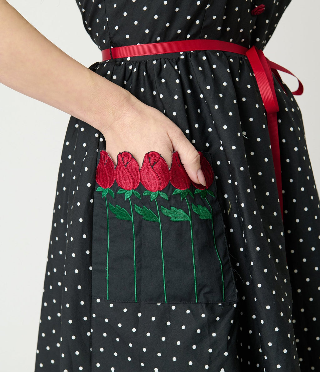 Smak Parlour Black Pin Dot Rose Sleeveless Swing Dress - Unique Vintage - Womens, DRESSES, SWING
