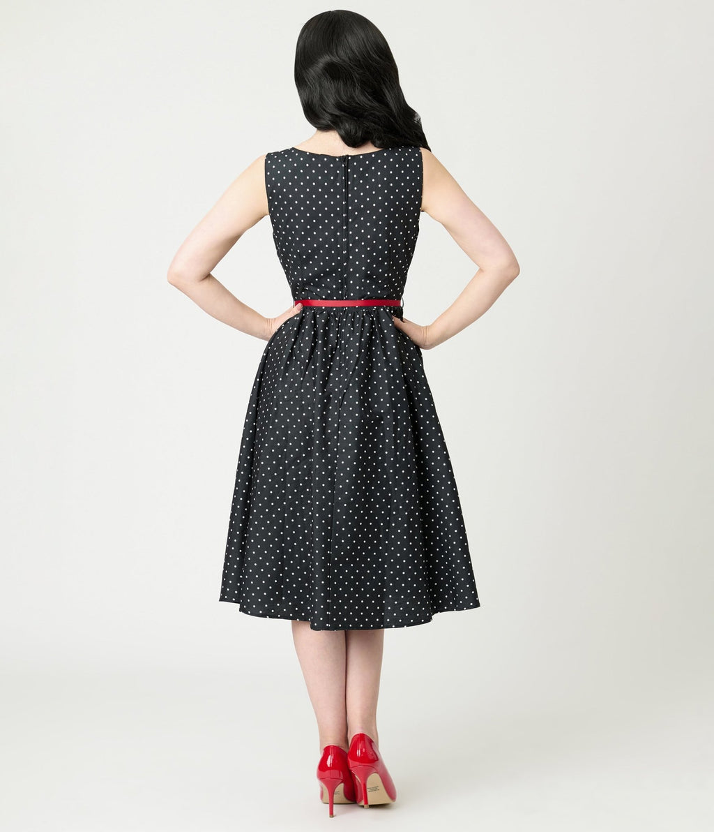 Smak Parlour Black Pin Dot Rose Sleeveless Swing Dress - Unique Vintage - Womens, DRESSES, SWING