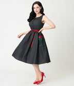 Smak Parlour Black Pin Dot Rose Sleeveless Swing Dress - Unique Vintage - Womens, DRESSES, SWING